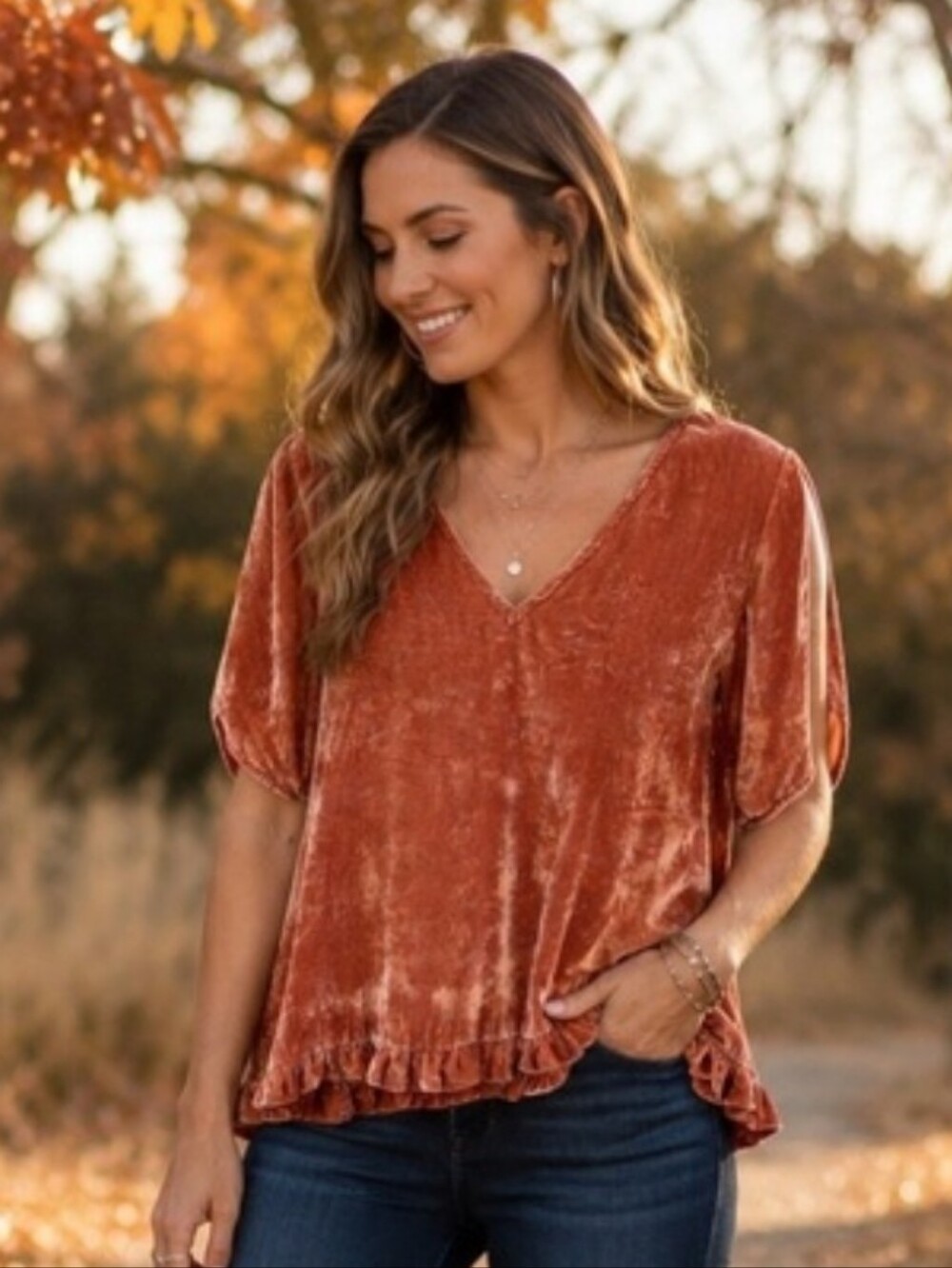 Madewell Rust Velvet V-Neck Tulip Sleeve  Ruffle-Hem Blouse